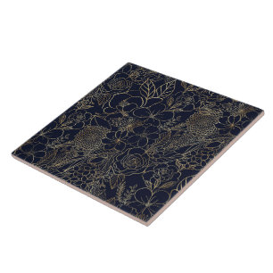 Carreau Art moderne Gold Blue Floral Doodles