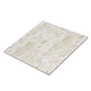 Carreau Art moderne Gold White Floral Doodles