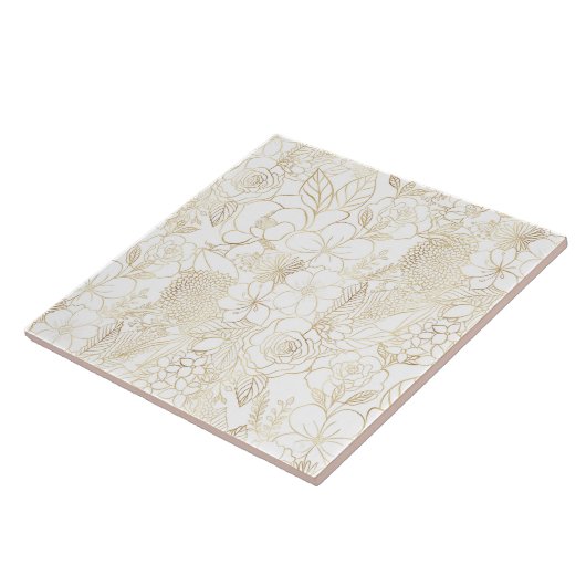 Carreau Art moderne Gold White Floral Doodles (Côté)
