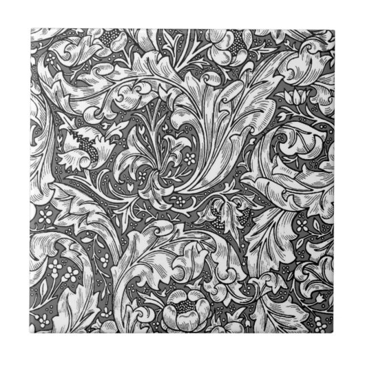 Carreau Art Nouveau Acanthus Feuilles et Fleurs, Gris (Devant)