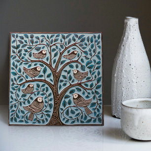 Carreau Art Nouveau bleu atténué Oiseaux et Arbre de Vie