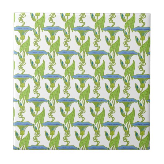 Carreau Art Nouveau bleu Ipomoea papier peint fleuri damé (Devant)