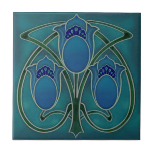 Carreau Art nouveau Blue Green Tulip Trio Repro c1900 