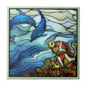 Carreau Art Nouveau Clown Poisson et dauphins Vitrail (Devant)