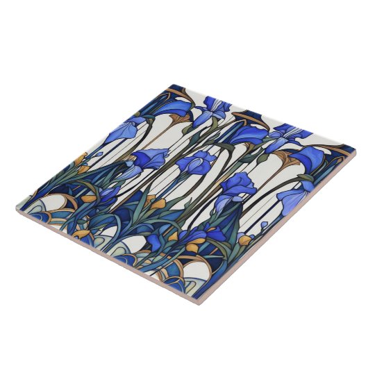 Carreau Art Nouveau Déco Fleur d'Iris Bleu & Blanc (Côté)