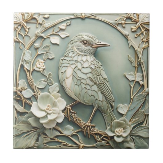 Carreau Art Nouveau Faux Relief droit Starling Bird Sage (Devant)