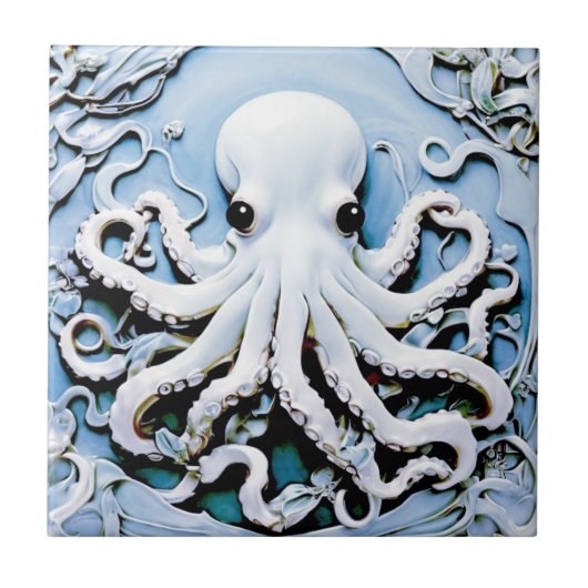 Carreau Art Nouveau Faux Relief Octopus - Bleu & Blanc (Devant)