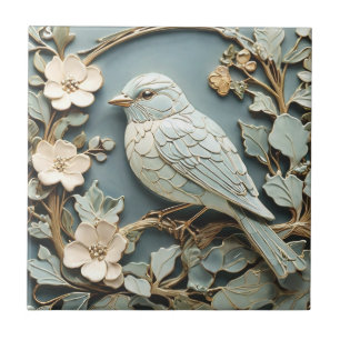 Carreau Art Nouveau Faux Relief Oiseau bleuté à gauche fac