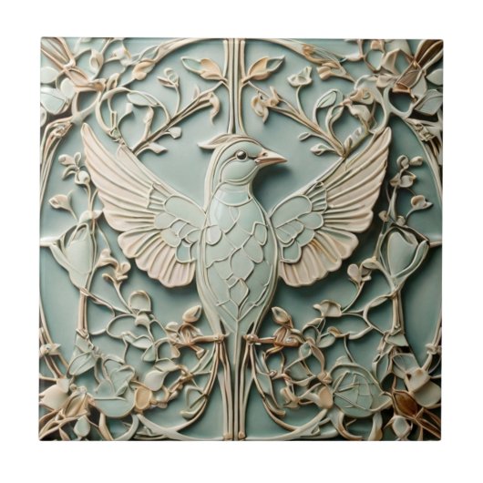 Carreau Art Nouveau Faux Relief Oiseau droit Pastel Mint (Devant)