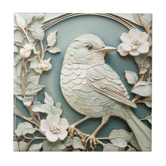 Carreau Art Nouveau Faux Relief Oiseaux Wren Antique Mint (Devant)