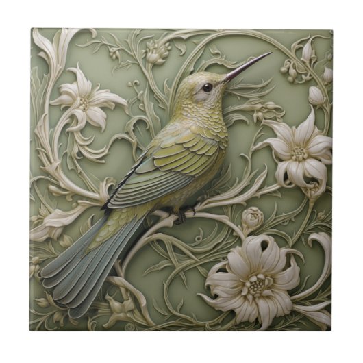 Carreau Art Nouveau Faux Relief Sage Colibri vert (Devant)
