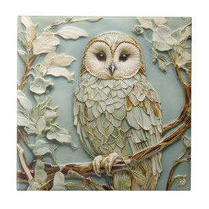 Carreau Art Nouveau Faux Relief Tawny Owl Bird Pastel Mint