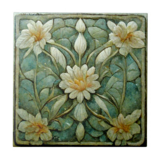 Carreau Art Nouveau, Floral Blanc Français, Beau Bleu,