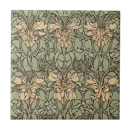 Carreau Art Nouveau Floral Damask Vert, Beige Abstrait (Devant)