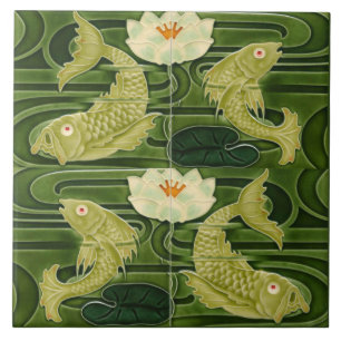 Carreau Art Nouveau Jugendstil Poisson d'étang Vert