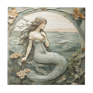 Carreau Art Nouveau Mermaid Faux Relief R Mint Océan Mer