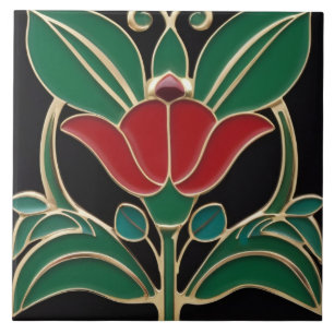 Carreau Art Nouveau Moderne Gras Noir Vert Rouge