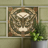 Carreau Art Nouveau Moth Green Gold Floral Ceramic Tile
