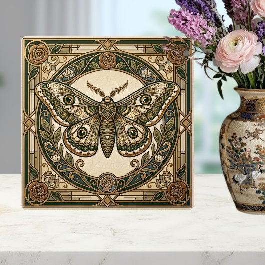 Carreau Art Nouveau Moth Green Gold Floral Ceramic Tile