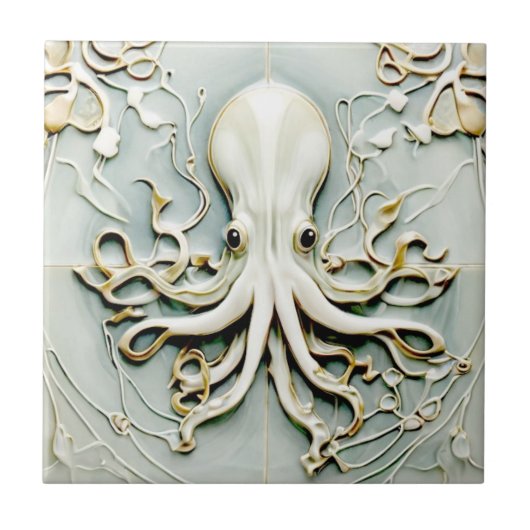 Carreau Art Nouveau Octopus Faux Relief Gold & Mint Pastel (Devant)