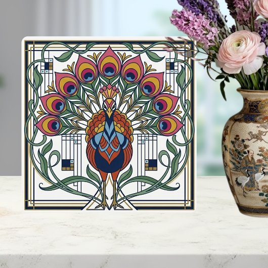 Carreau Art Nouveau Peacock Feather Floral Design Ceramic 