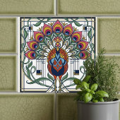 Carreau Art Nouveau Peacock Feather Floral Design Ceramic 