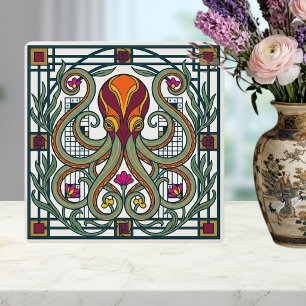 Carreau Art Nouveau Pieuvre Orange Bourgogne Vert Floral D