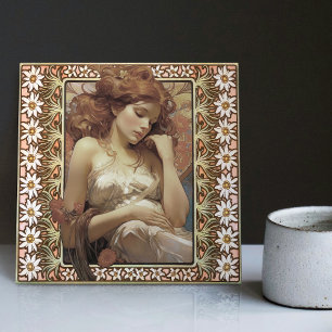 Carreau Art Nouveau Portrait féminin Mucha Edelweiss Fleur