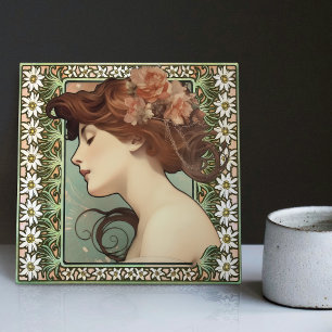 Carreau Art Nouveau Portrait féminin Mucha Edelweiss Fleur
