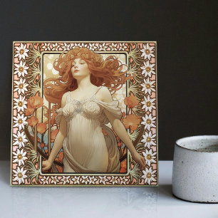Carreau Art Nouveau Portrait féminin Mucha Edelweiss Fleur