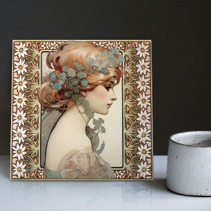 Carreau Art Nouveau Portrait féminin Mucha Edelweiss Fleur