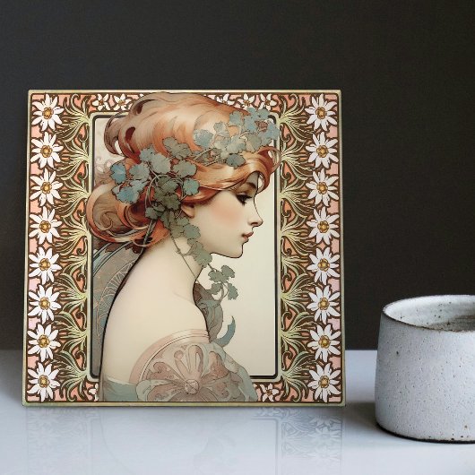 Carreau Art Nouveau Portrait féminin Mucha Edelweiss Fleur