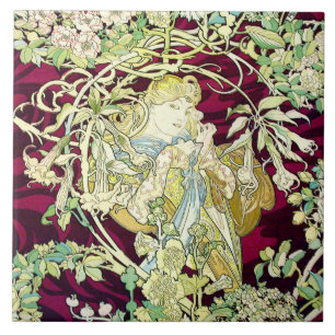 Carreau Art Nouveau Repro belle femme avec marguerite