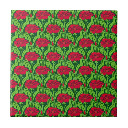Carreau Art Nouveau rouge oeillets damas floral (Devant)