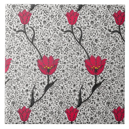 Carreau Art Nouveau Tulip Damask, gris et rouge (Devant)