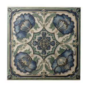 Carreau Art Nouveau vintage bleu Pavots Floral