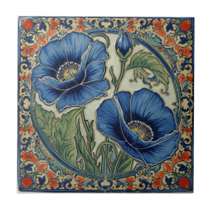 Carreau Art Nouveau vintage Coquelicots bleus Floral