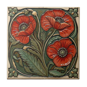 Carreau Art Nouveau vintage Coquelicots rouges Floral