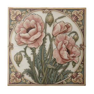 Carreau Art Nouveau vintage fleurs de pavot roses