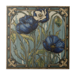 Carreau Art Nouveau vintage Papavers bleus Floral