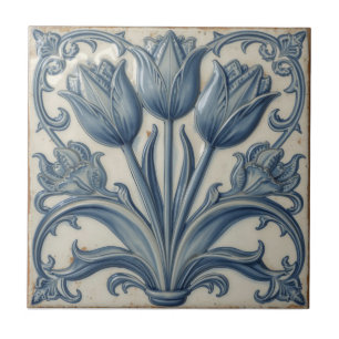 Carreau Art Nouveau vintage Tulipes bleues Floral