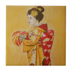 Carreau Art original d'aquarelle de kimono d'or de geisha
