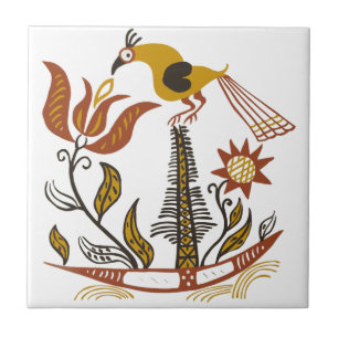Carreau Art populaire américain vintage Tulipe Oiseau coul