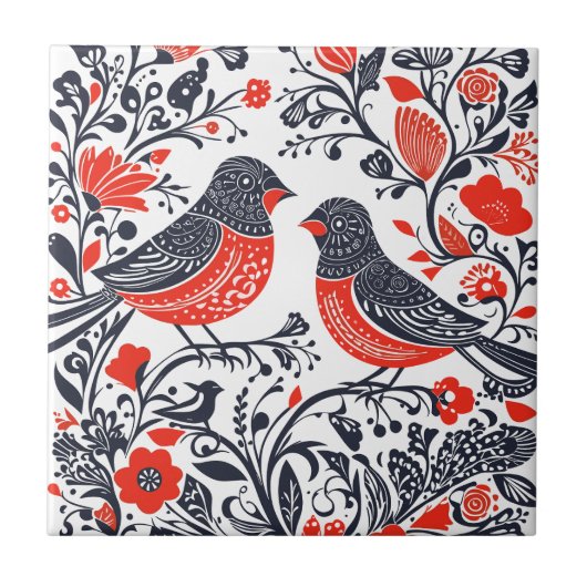 Carreau Art populaire scandinave Oiseaux Lino Coupe Design (Devant)