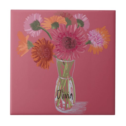 Carreau Arty Gerbera Fleur colorée +Nom personnalisé (Devant)