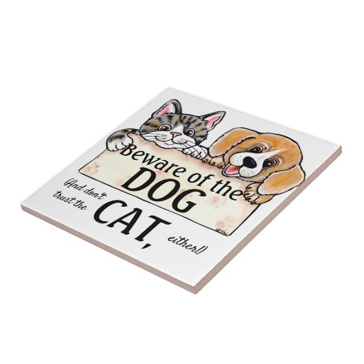Carreau Attention au chat chien Funny House Signal d'avert (Côté)