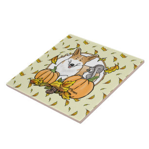 Carreau Automne Pembroke Welsh Corgi (rouge 1) Citrouille
