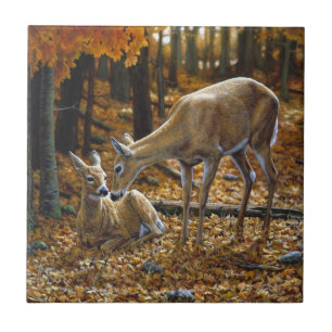 Carreau Automne Whitetail Doe et Fawn