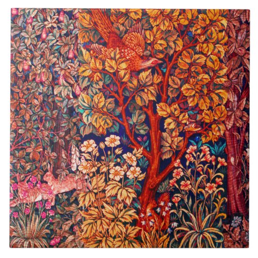 Carreau AUTUMN FOREST ANIMALS Haricots, faisan, Floral rou (Devant)