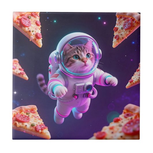 Carreau Aventure spatiale de pizza flottante avec un chat (Devant)